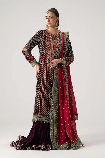 Yarizeh fuchsia pink luxury wedding sharara set with velvet shirt and silk dupatta by Maria B