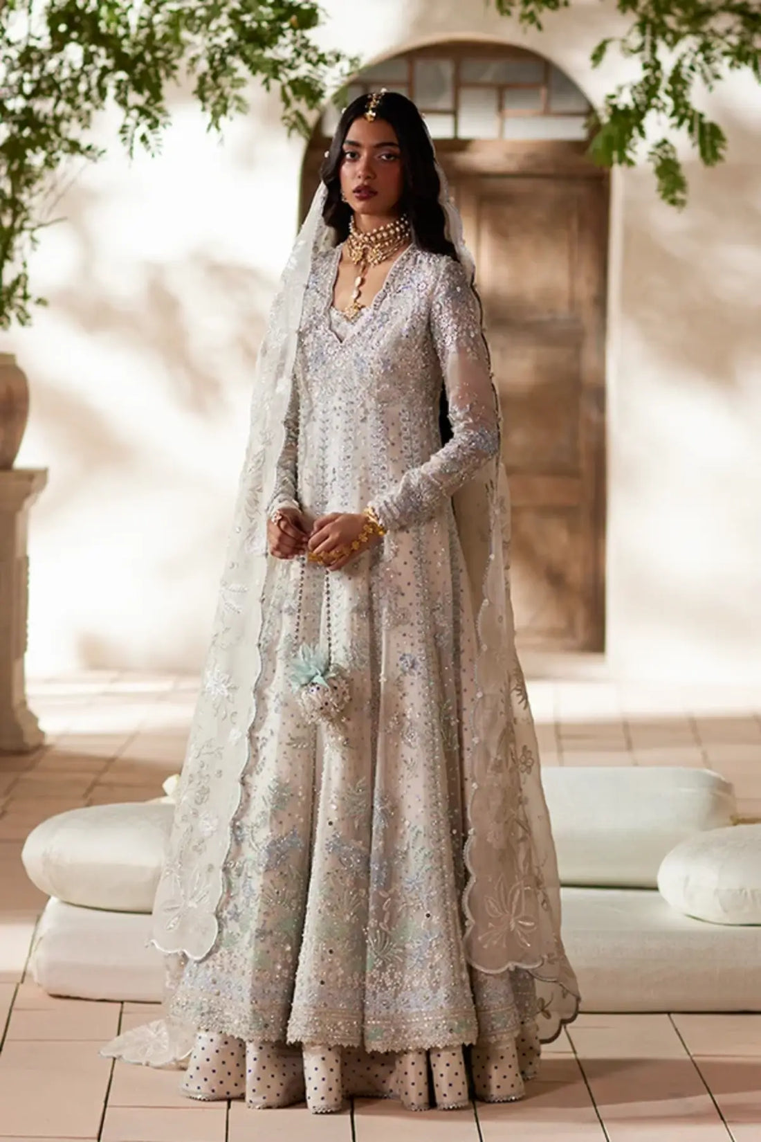 Yasmira off white embellished organza Pakistani formal suit with embroidered shirt, silk lehenga and scalloped organza dupatta