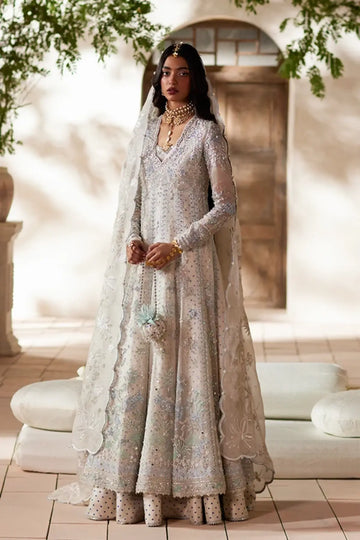 Yasmira off white embellished organza Pakistani formal suit with embroidered shirt, silk lehenga and scalloped organza dupatta