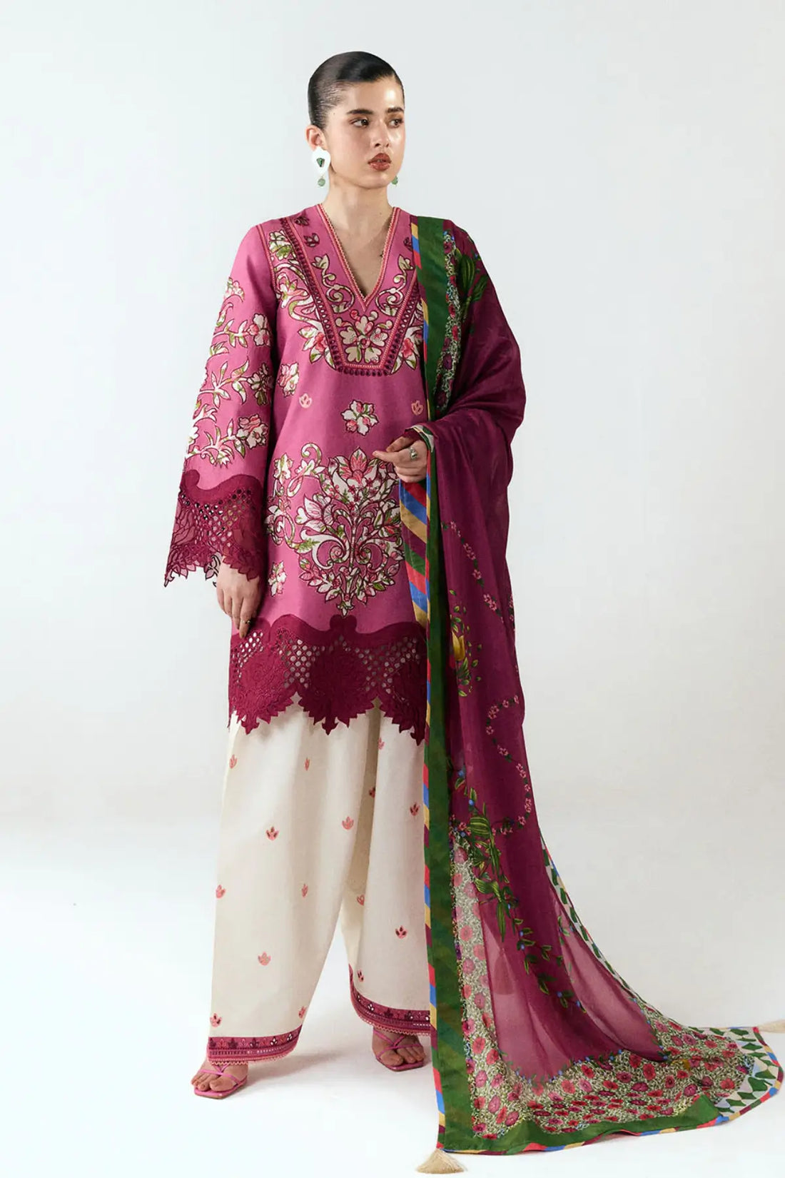Yawi by Jugnu Lahore purple ivory cotton suit with floral embroidery and silk dupatta