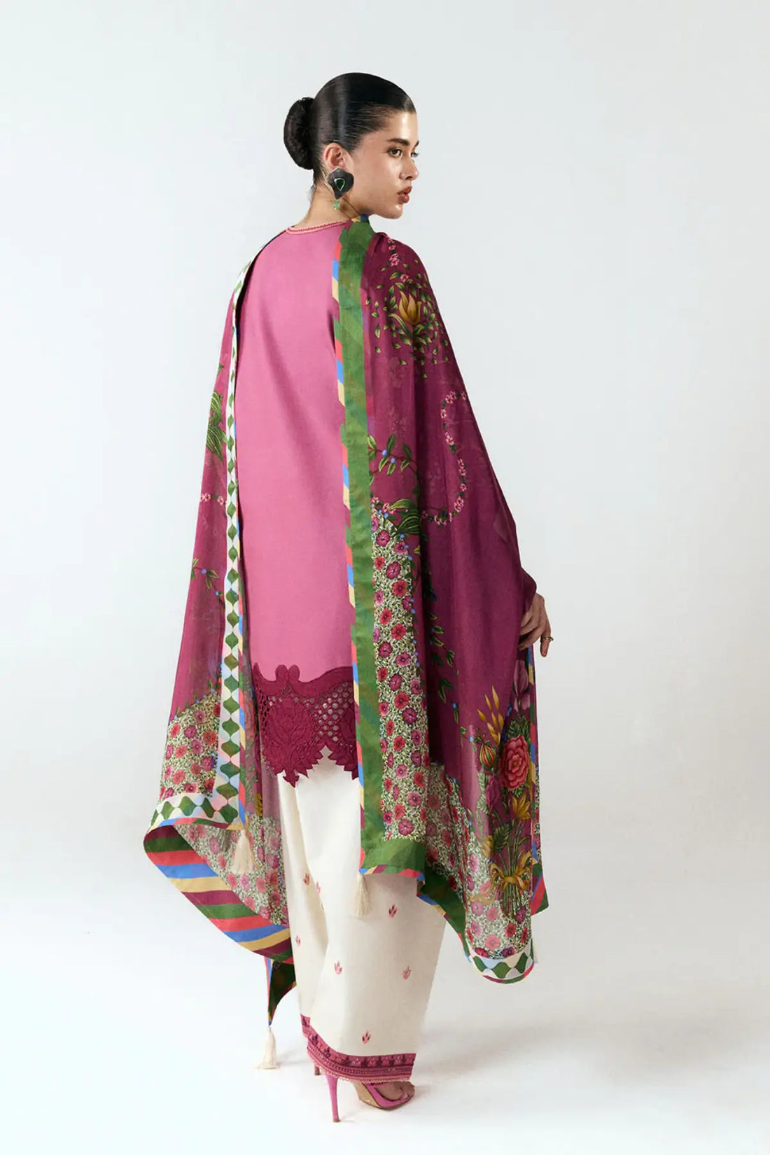 Yawi by Jugnu Lahore purple ivory cotton suit with floral embroidery and silk dupatta