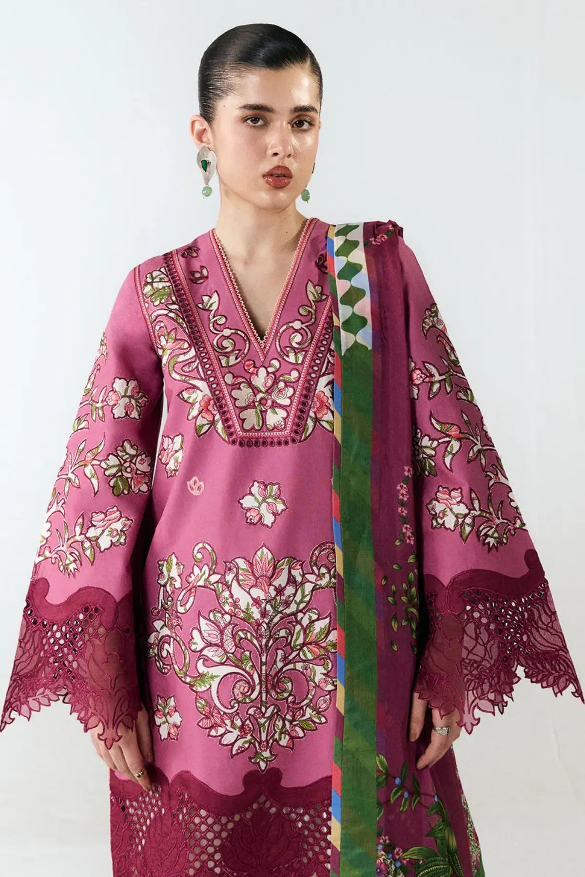 Yawi by Jugnu Lahore purple ivory cotton suit with floral embroidery and silk dupatta