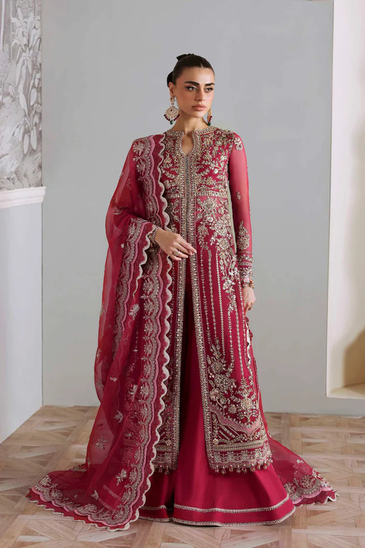 Yeloria luxury pink organza front-open gown outfit with dupatta by Akbar Aslam, hand-embellished festive wear for parties and wedding events.