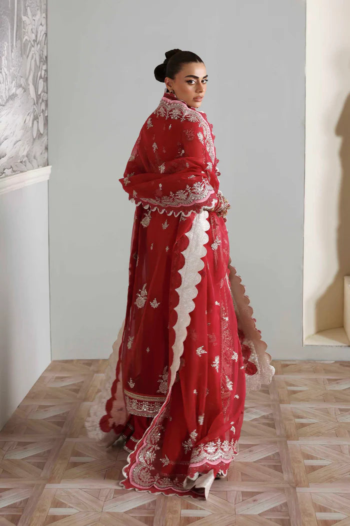 Yeloria luxury pink organza front-open gown outfit with dupatta by Akbar Aslam, hand-embellished festive wear for parties and wedding events.