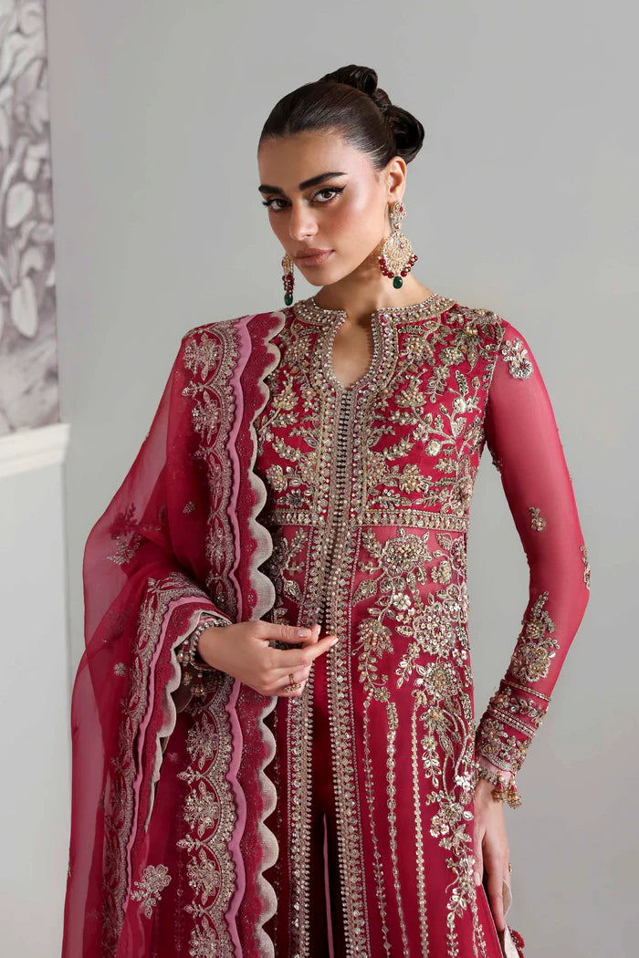 Yeloria luxury pink organza front-open gown outfit with dupatta by Akbar Aslam, hand-embellished festive wear for parties and wedding events.