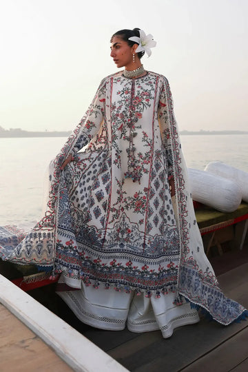 Hussain Rehar Yuki ivory lawn stitched suit with floral embroidery and chiffon dupatta