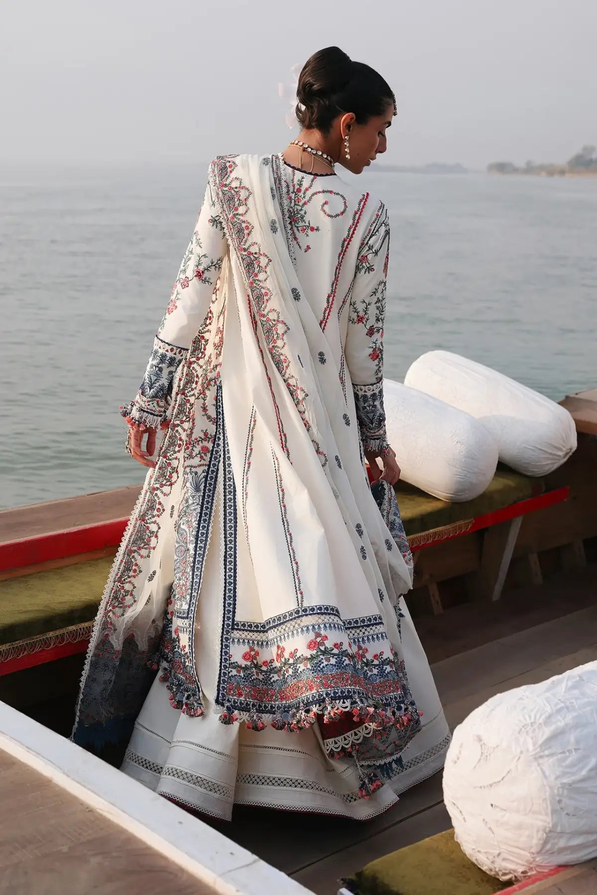 Hussain Rehar Yuki ivory lawn stitched suit with floral embroidery and chiffon dupatta