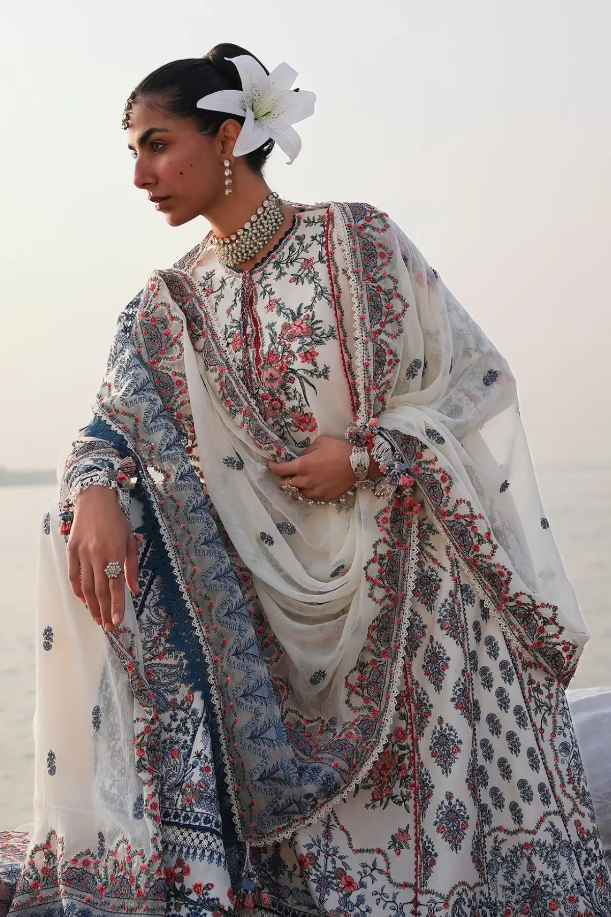 Hussain Rehar Yuki ivory lawn stitched suit with floral embroidery and chiffon dupatta