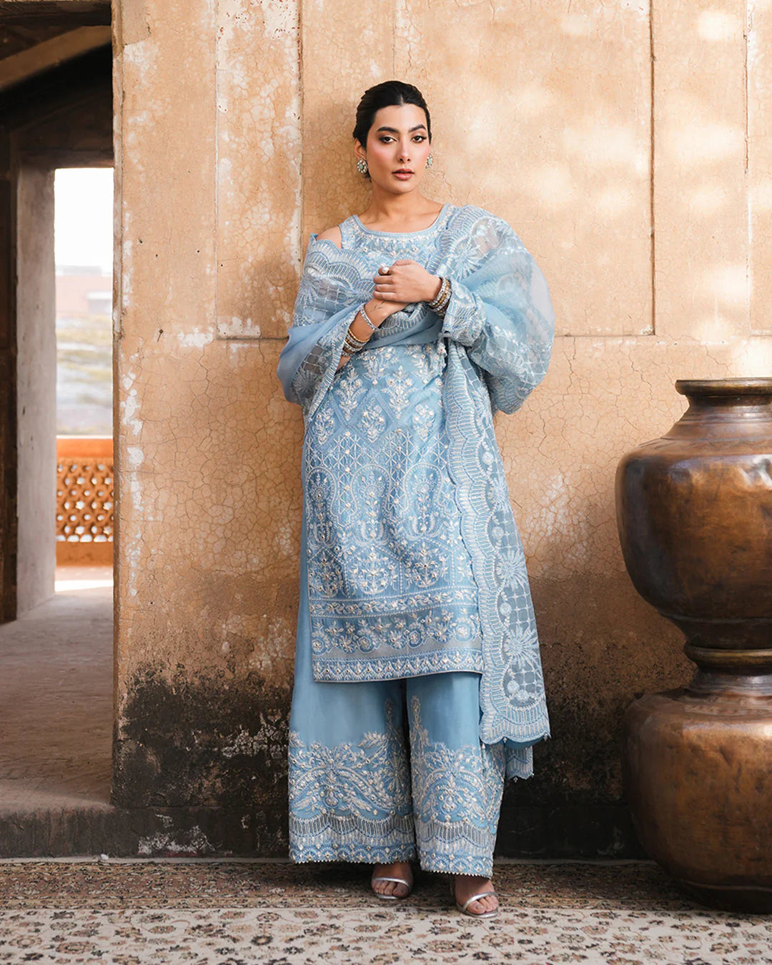 Yulia- Ice Blue Embroidered Korean Raw Silk Suit For Eid Events