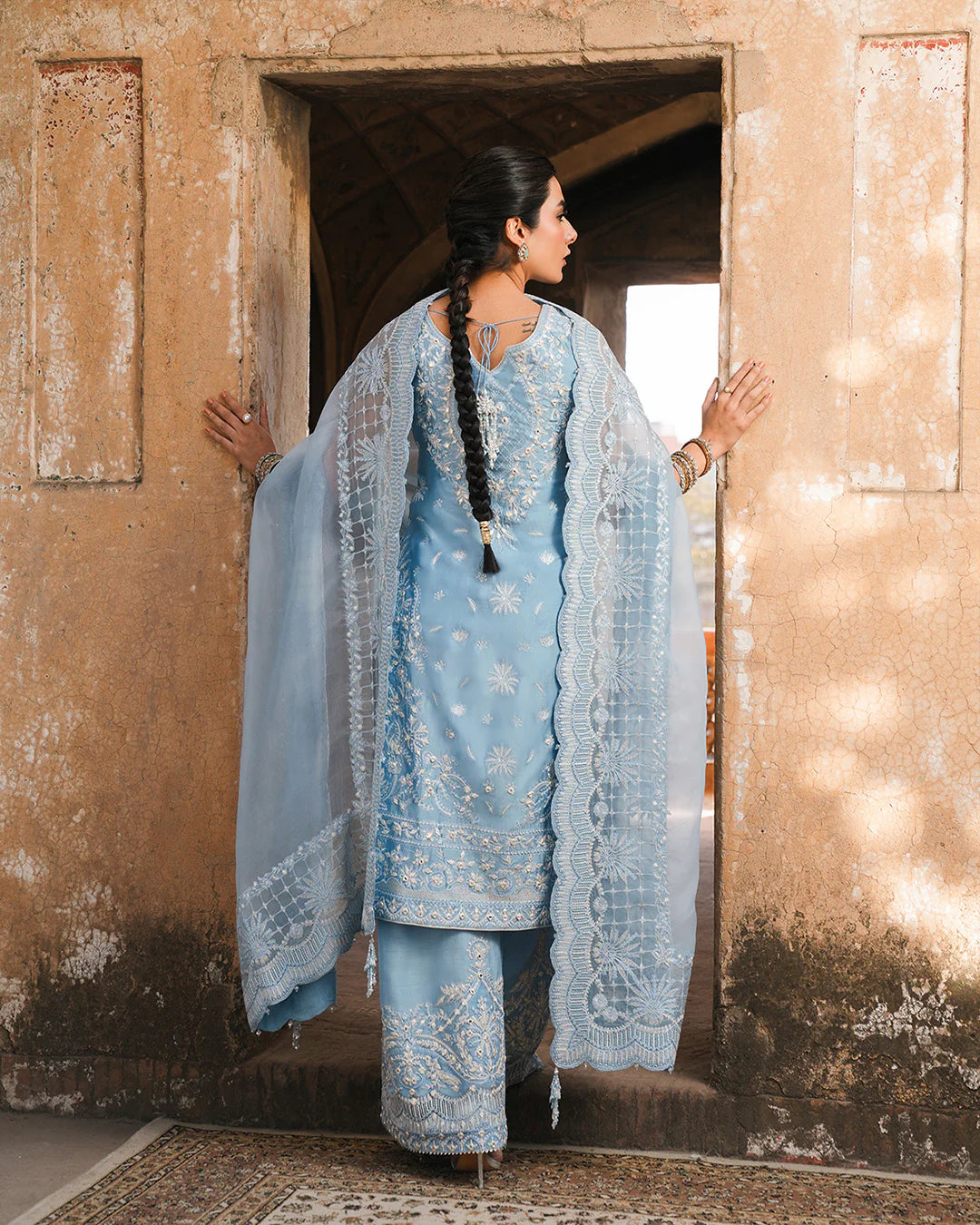 Yulia- Ice Blue Embroidered Korean Raw Silk Suit For Eid Events