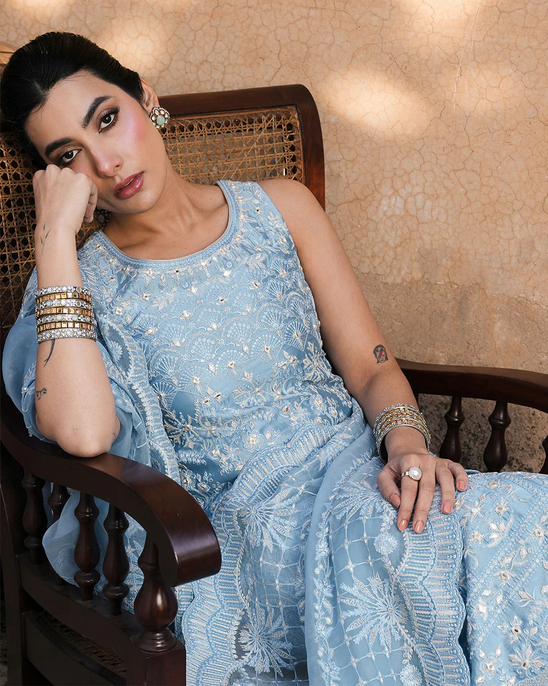 Yulia- Ice Blue Embroidered Korean Raw Silk Suit For Eid Events
