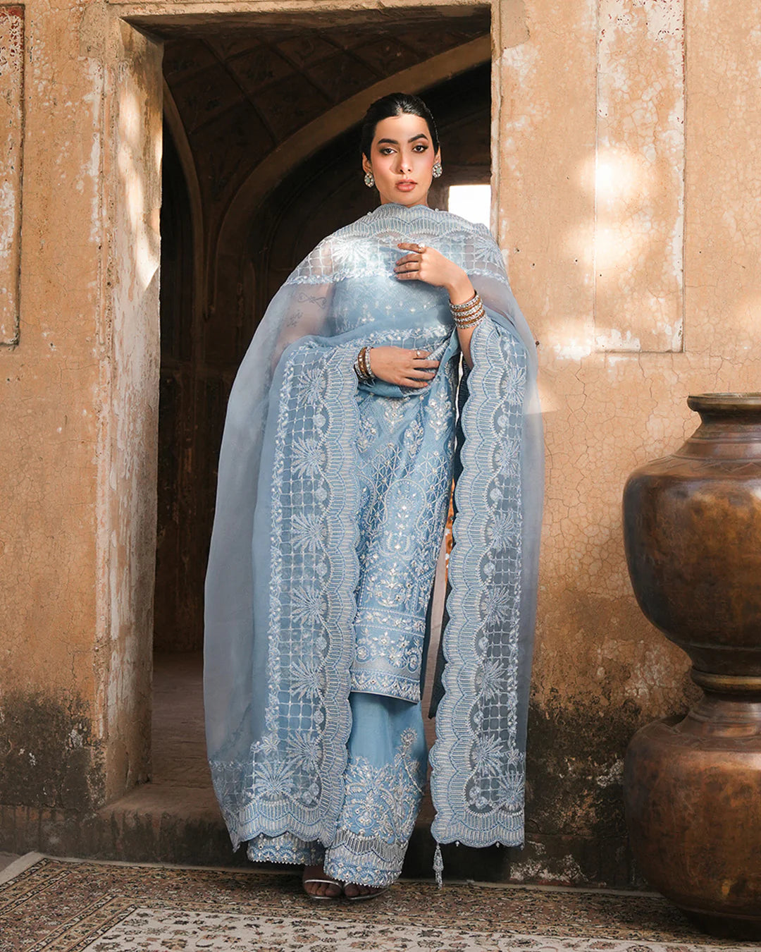 Yulia- Ice Blue Embroidered Korean Raw Silk Suit For Eid Events