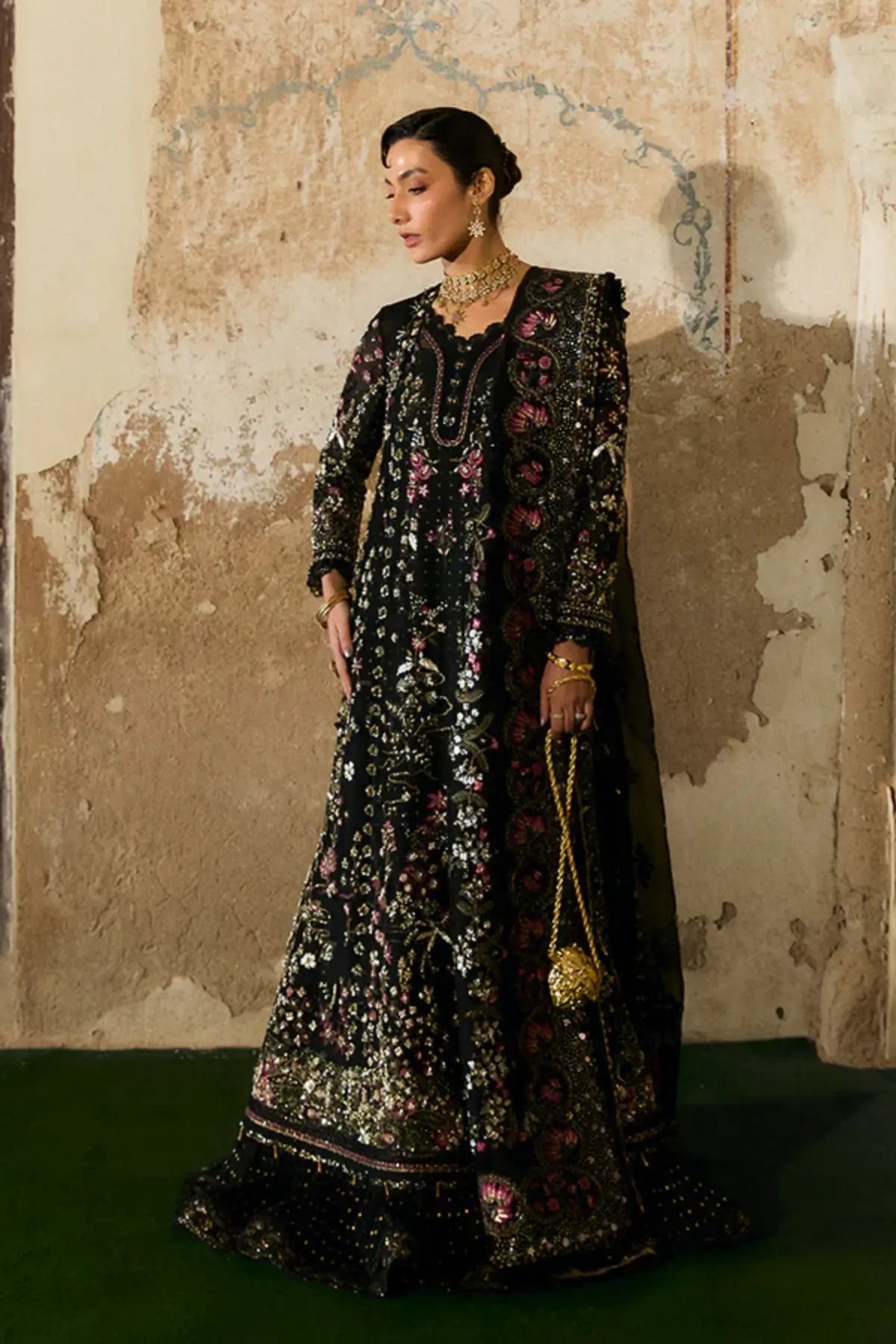 ZABEEN by Suffuse black embellished formal outfit with embroidered organza dupatta, luxury party wear for Eid and weddings