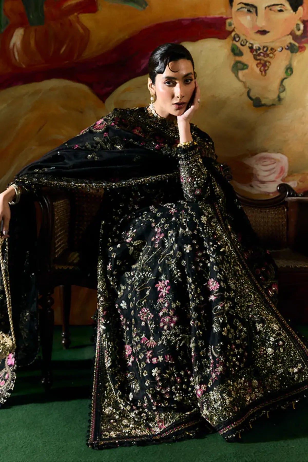 ZABEEN by Suffuse black embellished formal outfit with embroidered organza dupatta, luxury party wear for Eid and weddings