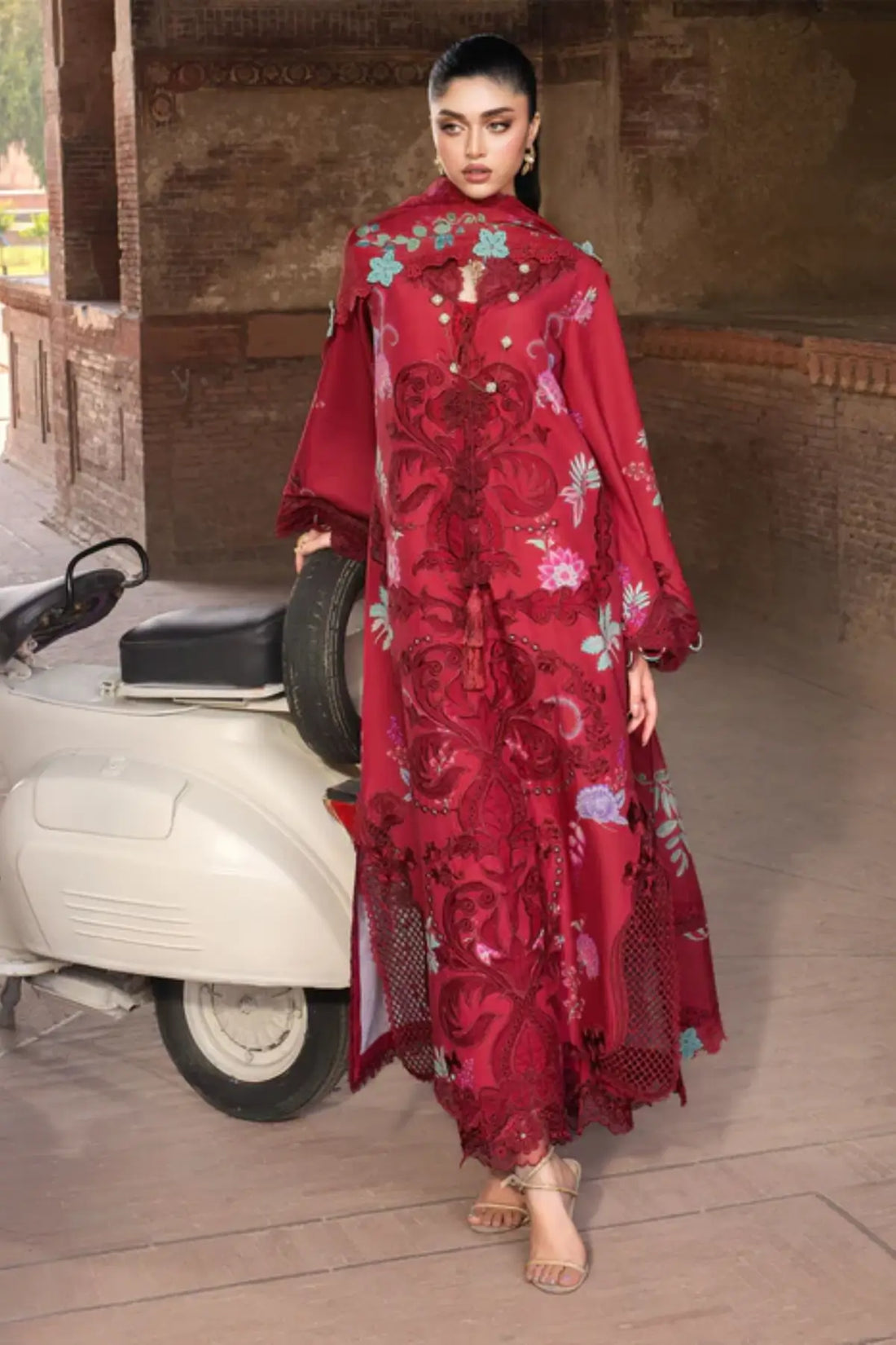 ZELIE 1A crimson red Saira Shakira Bloom lawn stitched suit with silk dupatta