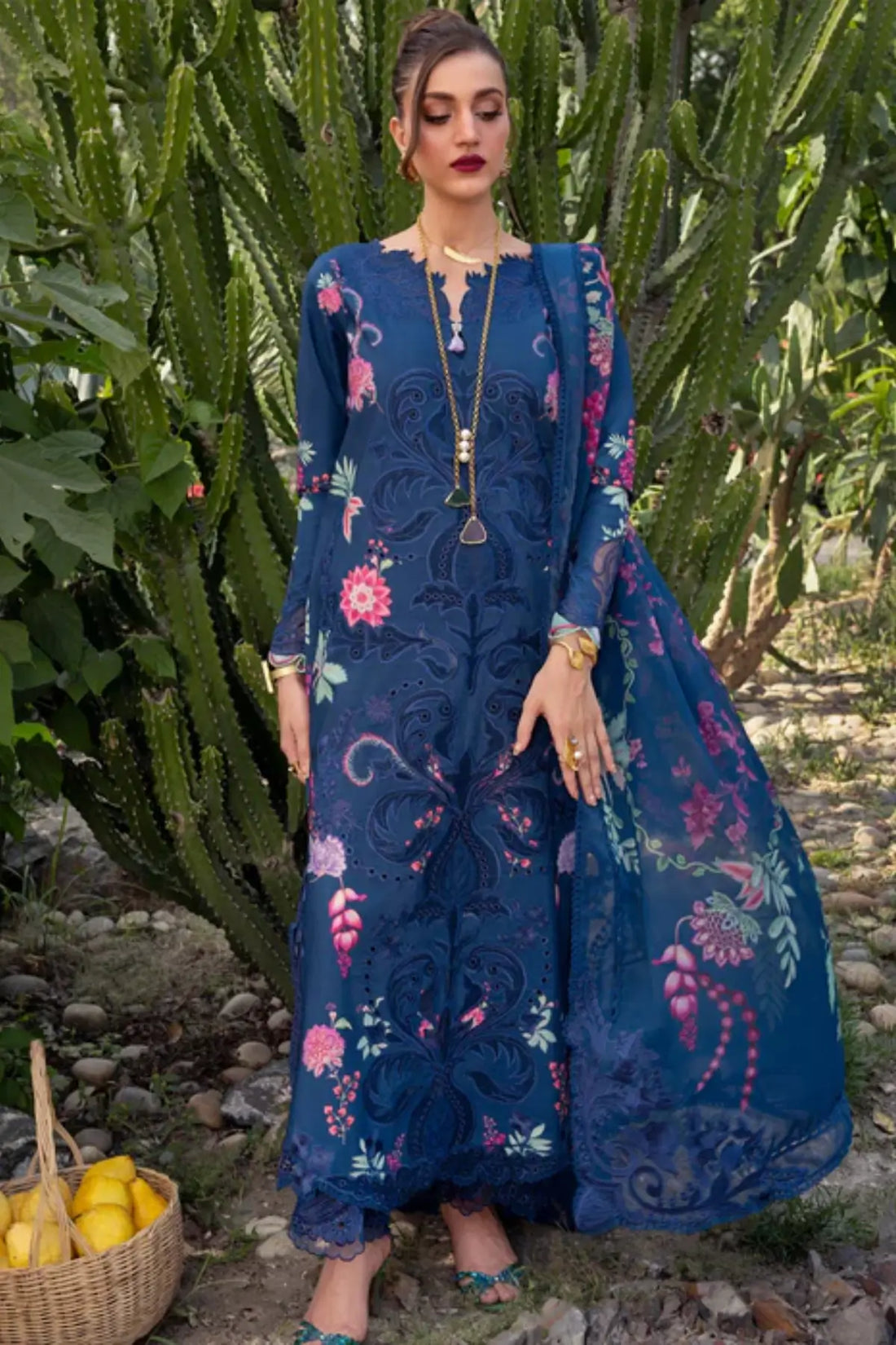 ZELIE 1B navy blue Saira Shakira Bloom lawn stitched 3PC suit with silk dupatta