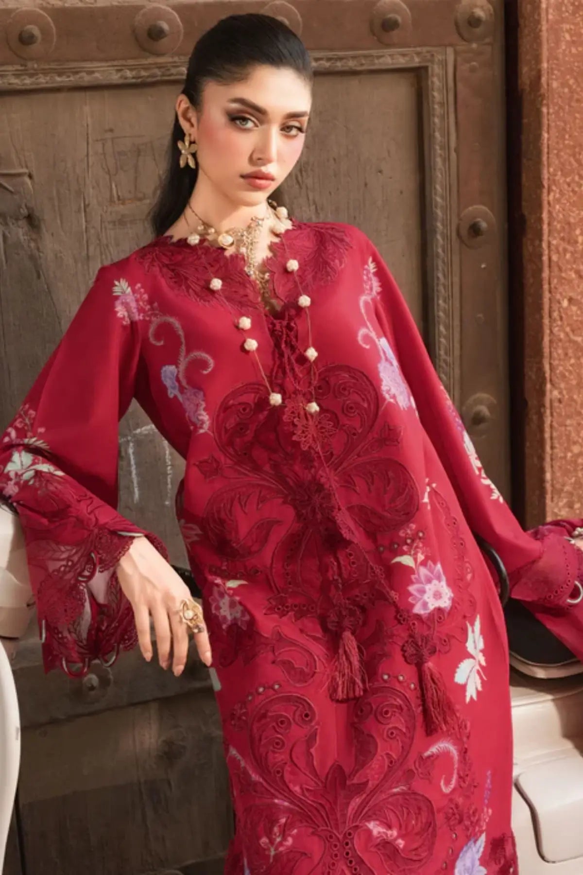 ZELIE 1A crimson red Saira Shakira Bloom lawn stitched suit with silk dupatta