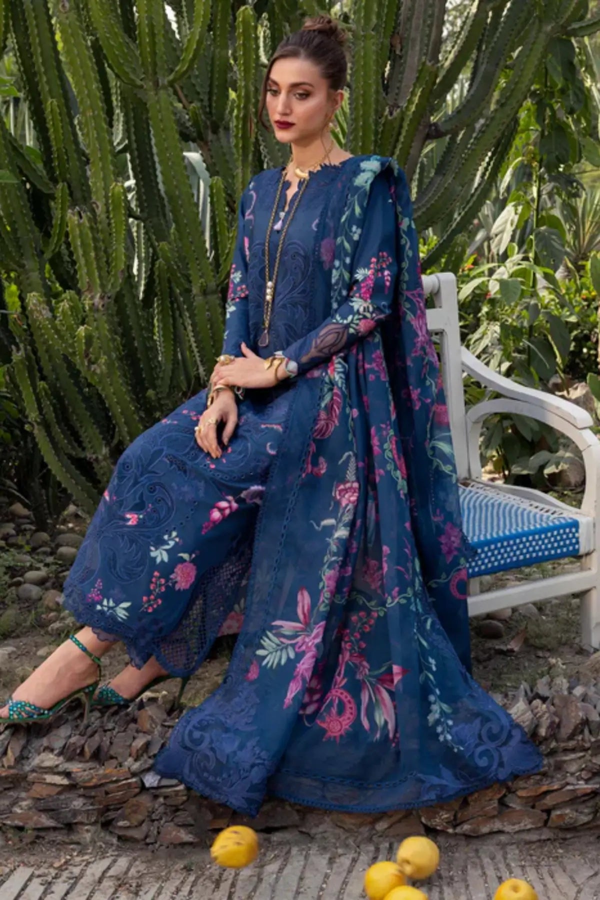 ZELIE 1B navy blue Saira Shakira Bloom lawn stitched 3PC suit with silk dupatta