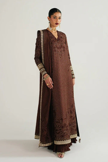 ZORAYN chocolate brown silk 3PC suit by Suffuse with embroidered shirt and dupatta