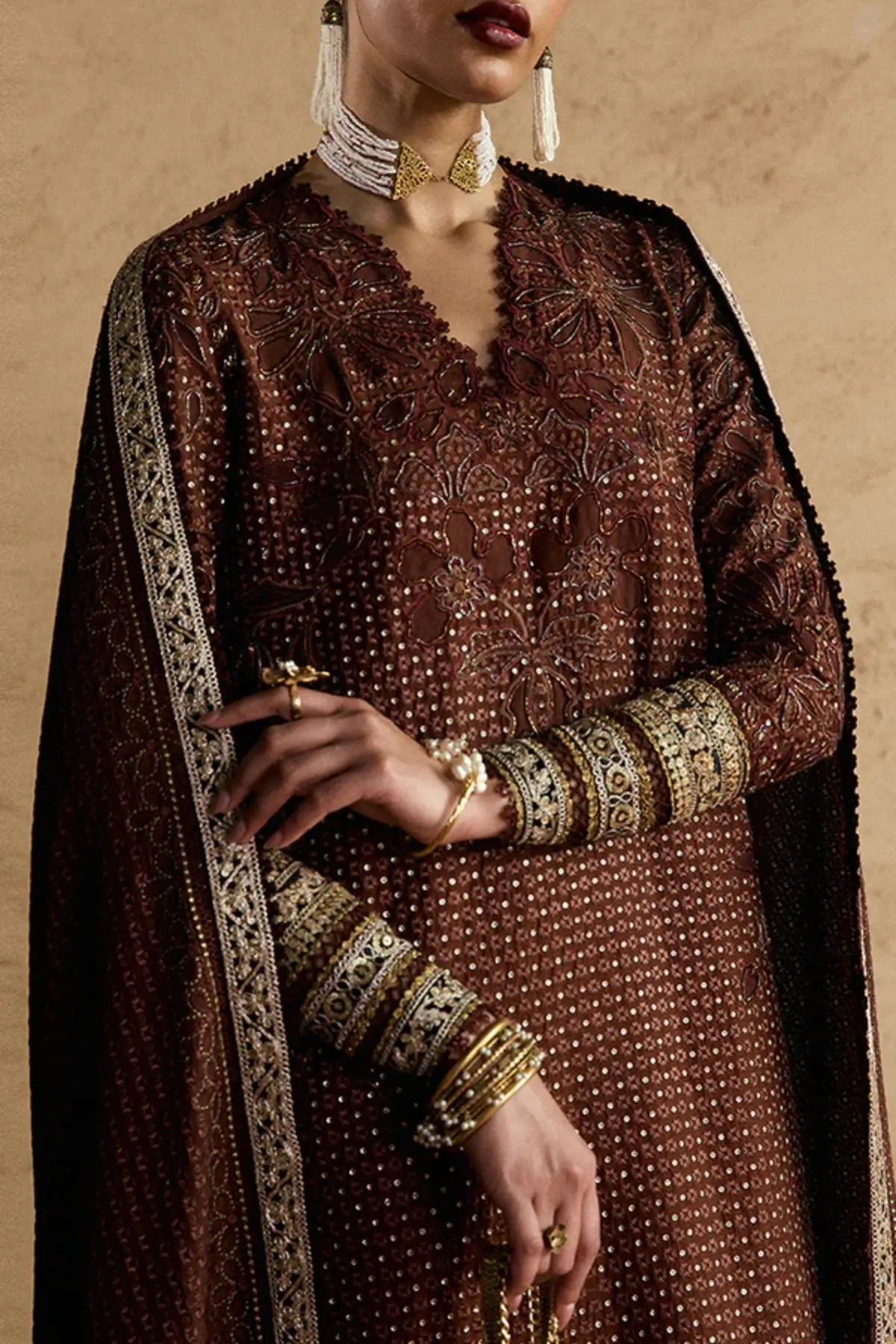ZORAYN chocolate brown silk 3PC suit by Suffuse with embroidered shirt and dupatta