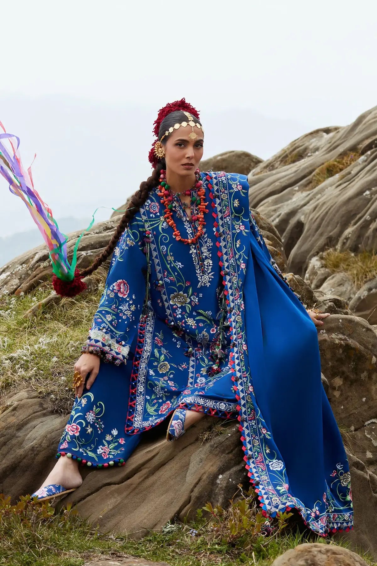 Zabar EL26-01 B royal blue Élan Lawn'26 stitched 3PC suit with silk dupatta