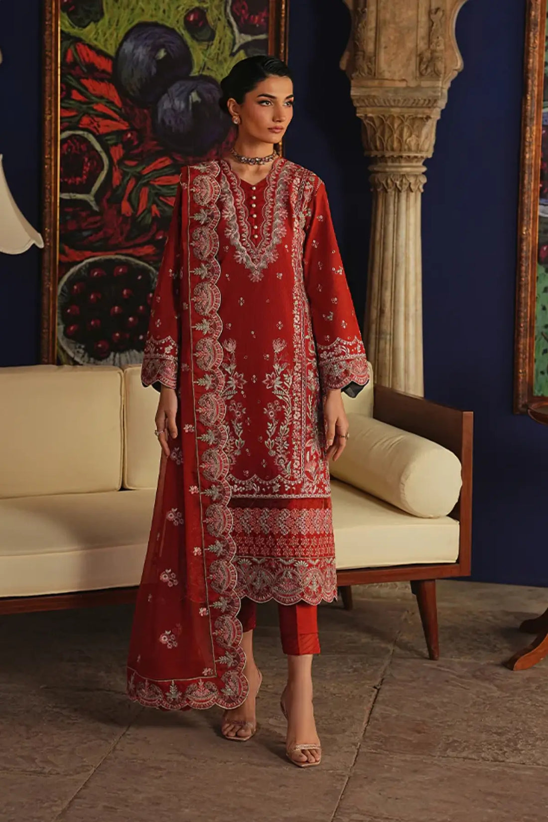 Zafielle by Gulaal Maisone red chikankari luxury lawn stitched 3 piece suit with embroidered chiffon dupatta