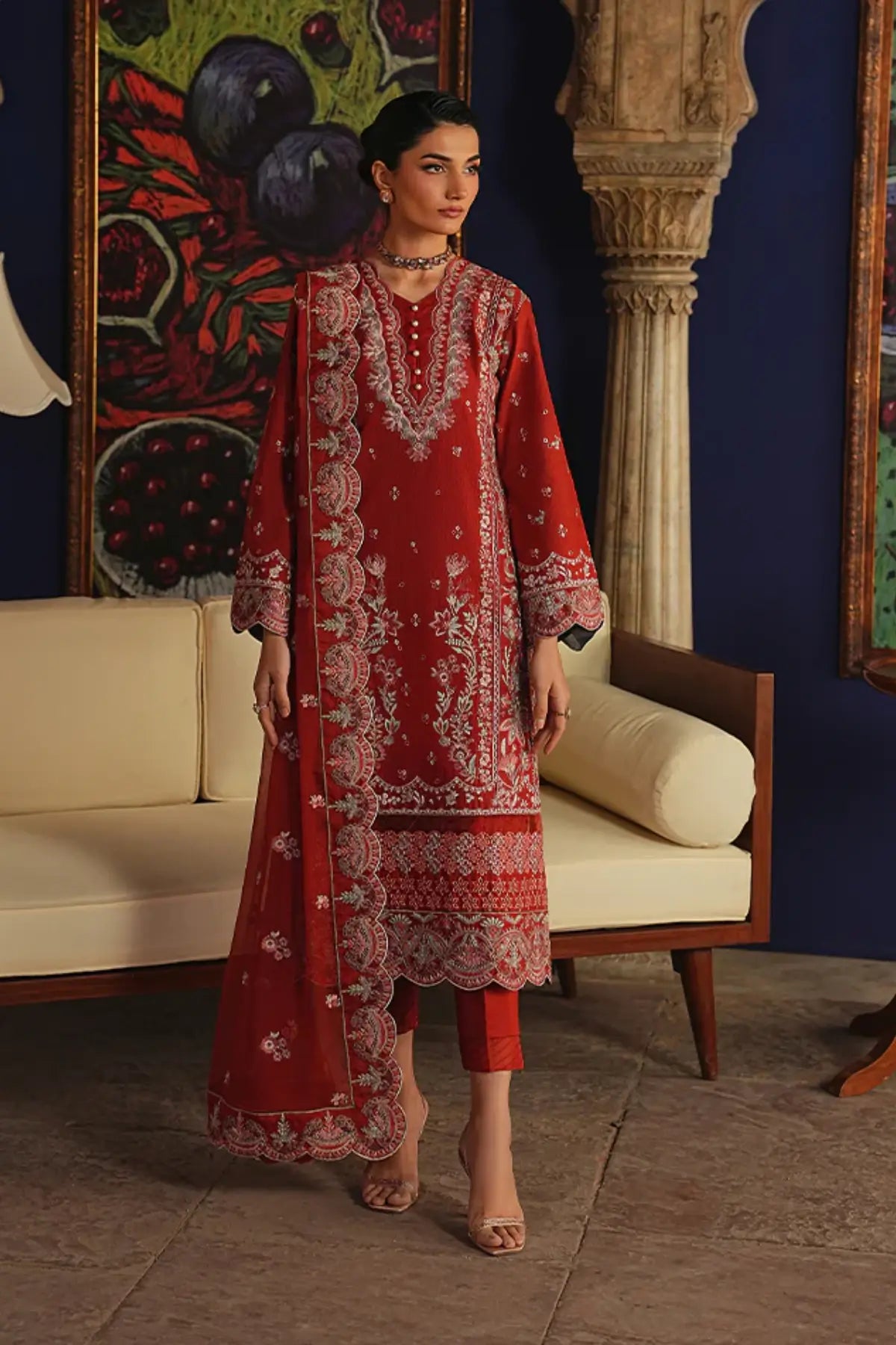 Zafielle by Gulaal Maisone red chikankari luxury lawn stitched 3 piece suit with embroidered chiffon dupatta