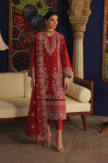 Zafielle by Gulaal Maisone red chikankari luxury lawn stitched 3 piece suit with embroidered chiffon dupatta