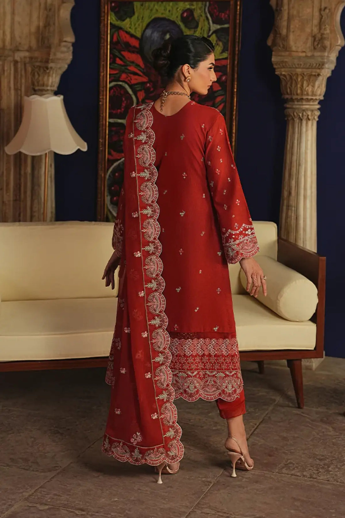 Zafielle by Gulaal Maisone red chikankari luxury lawn stitched 3 piece suit with embroidered chiffon dupatta