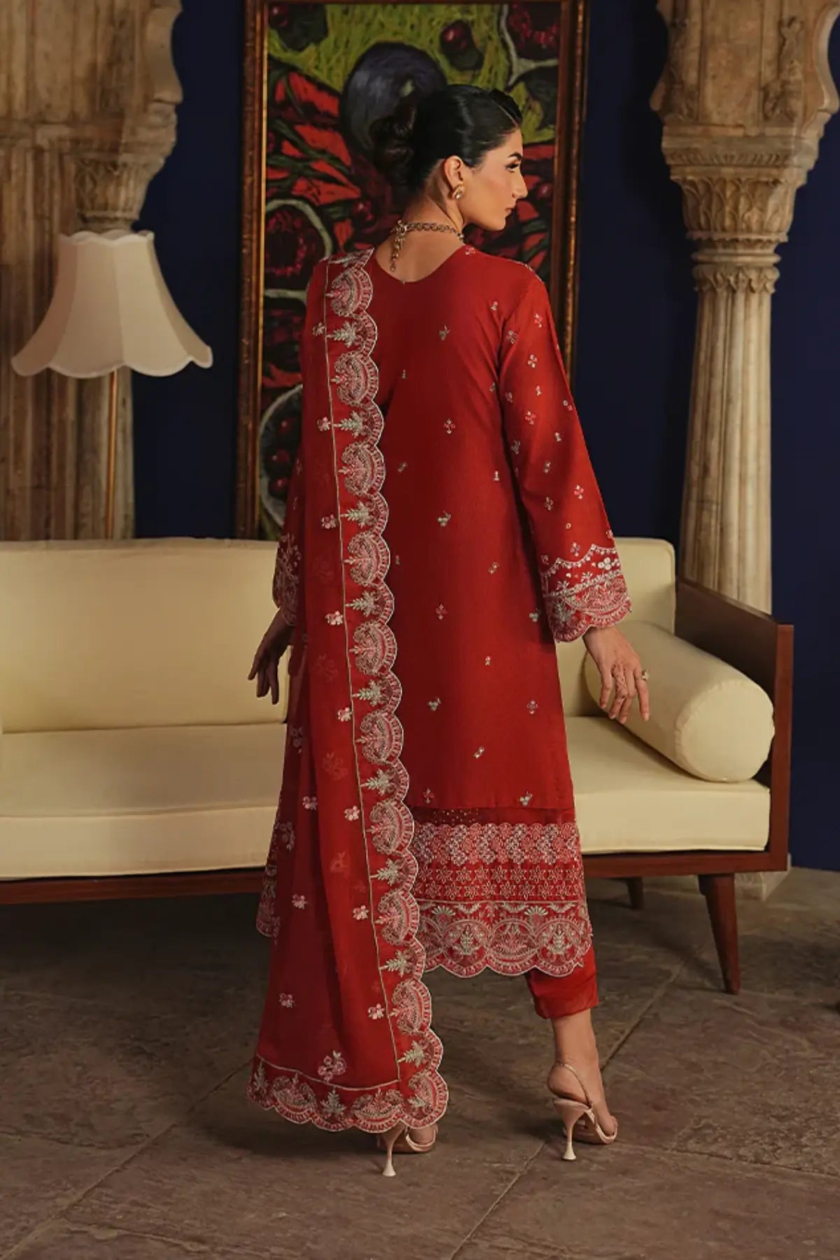 Zafielle by Gulaal Maisone red chikankari luxury lawn stitched 3 piece suit with embroidered chiffon dupatta
