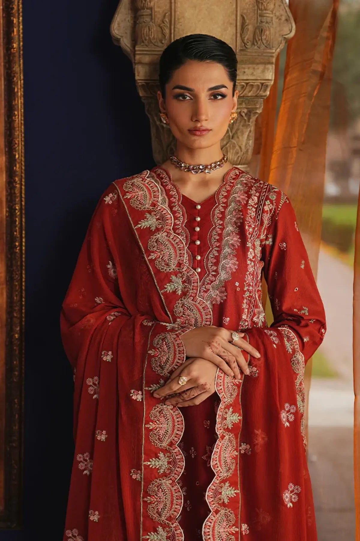 Zafielle by Gulaal Maisone red chikankari luxury lawn stitched 3 piece suit with embroidered chiffon dupatta