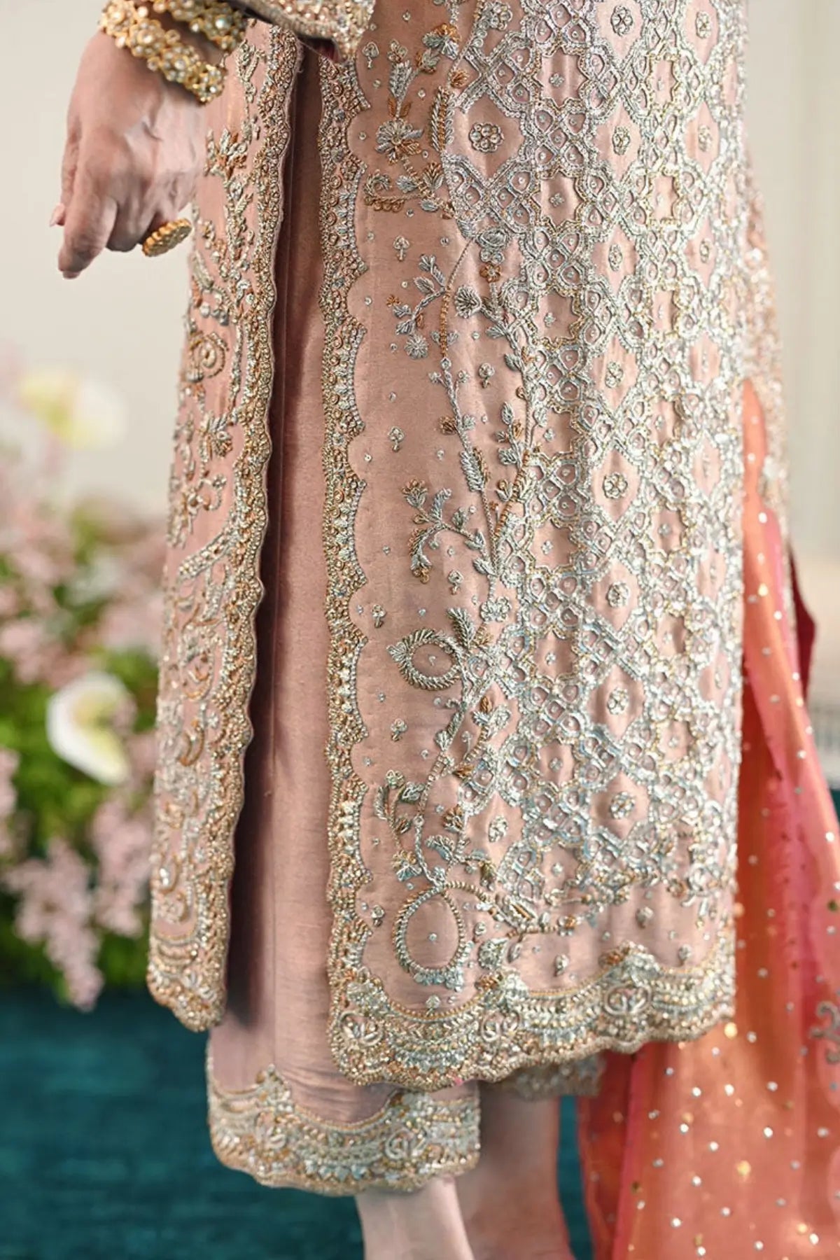 Zahia rose gold stitched formal dress for wedding guests at Pakistanimoda with hand embellishment, lame silk shirt and worked izaar