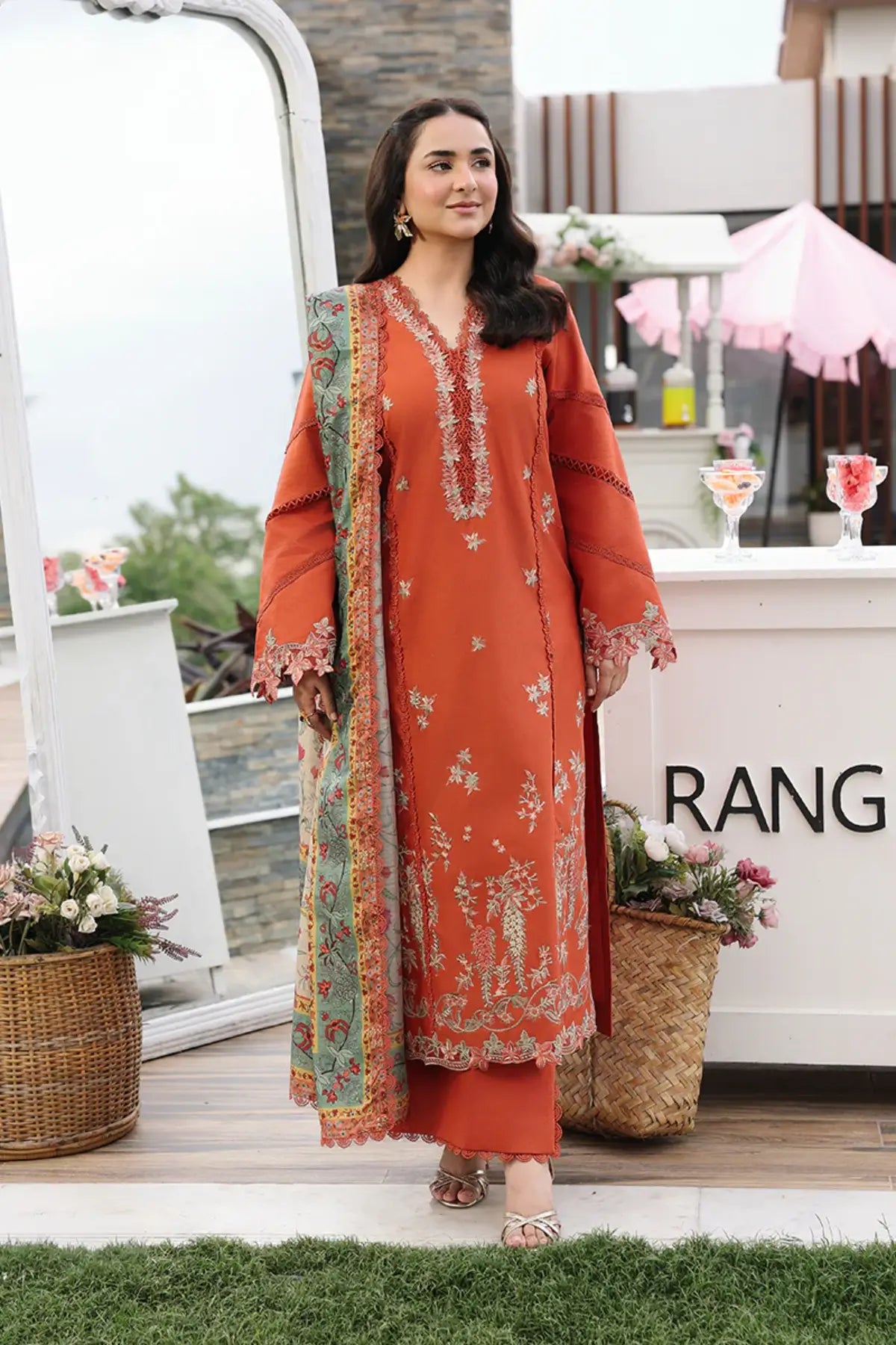 Zahra by Rang Rasiya Coral Premium Embroidered Lawn 3PC Suit with Printed Tasser Silk Dupatta