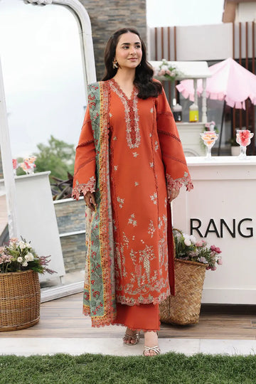 Zahra by Rang Rasiya Coral Premium Embroidered Lawn 3PC Suit with Printed Tasser Silk Dupatta