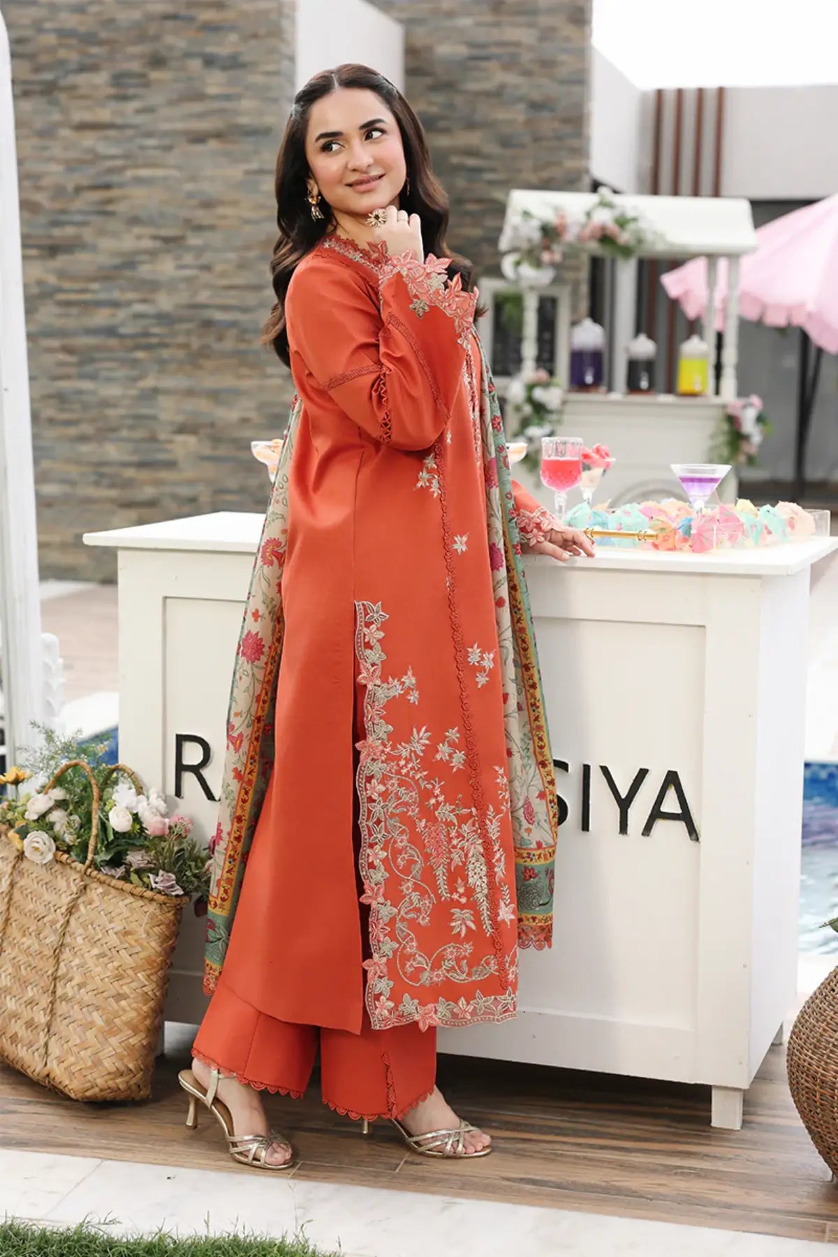 Zahra by Rang Rasiya Coral Premium Embroidered Lawn 3PC Suit with Printed Tasser Silk Dupatta