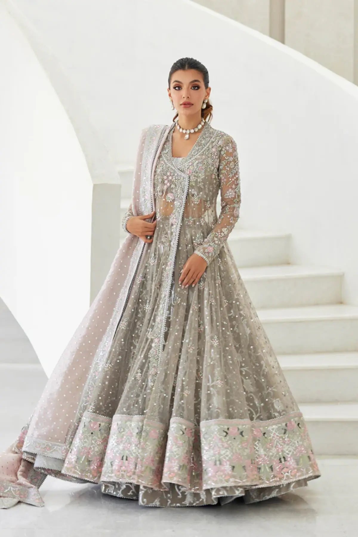Zahra Silver Grey Handmade Net Pakistani Formal Pishwas with Pink Floral Hand Embellishments, Cotton Brocade Lehenga and Lame Tissue Dupatta