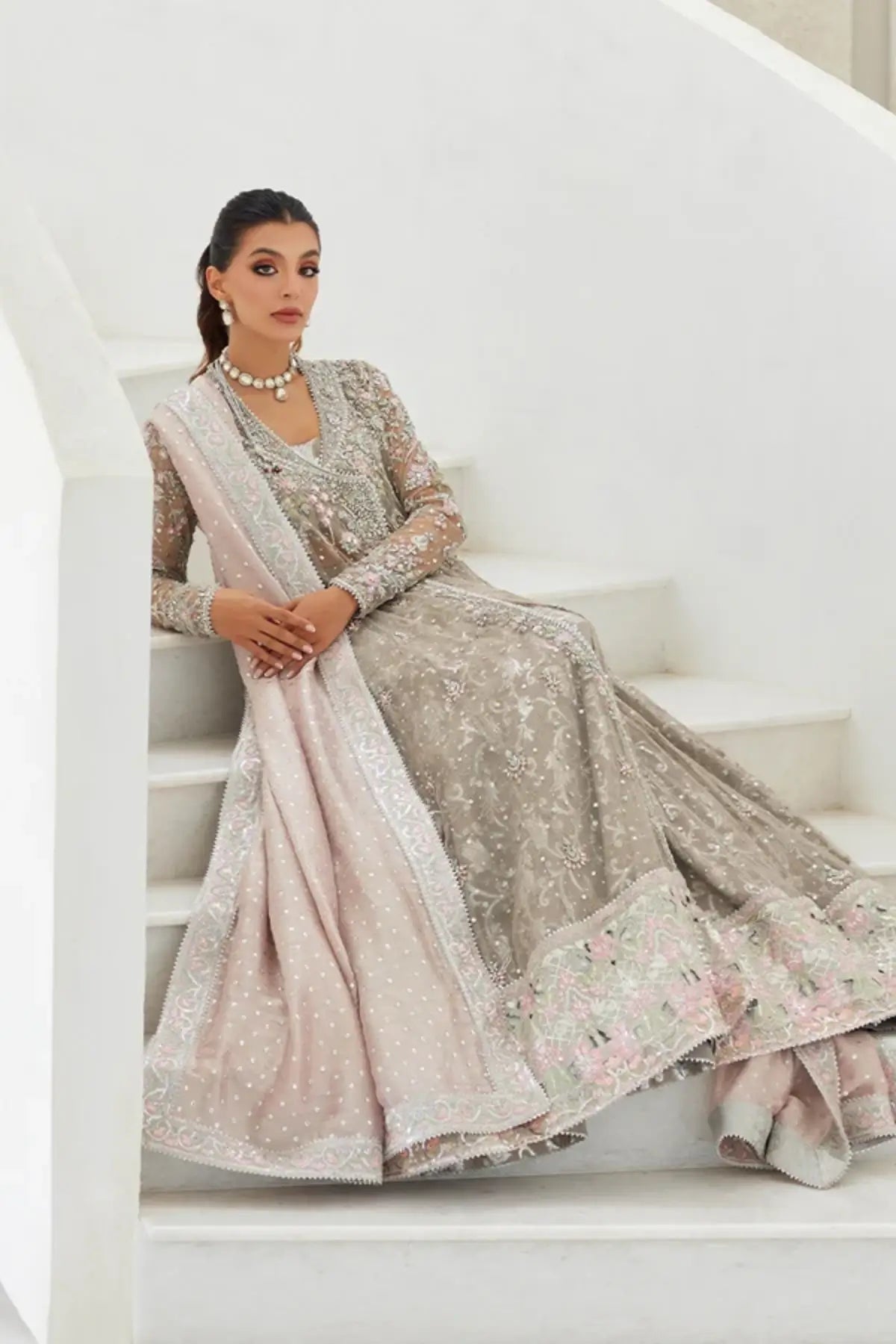 Zahra Silver Grey Handmade Net Pakistani Formal Pishwas with Pink Floral Hand Embellishments, Cotton Brocade Lehenga and Lame Tissue Dupatta