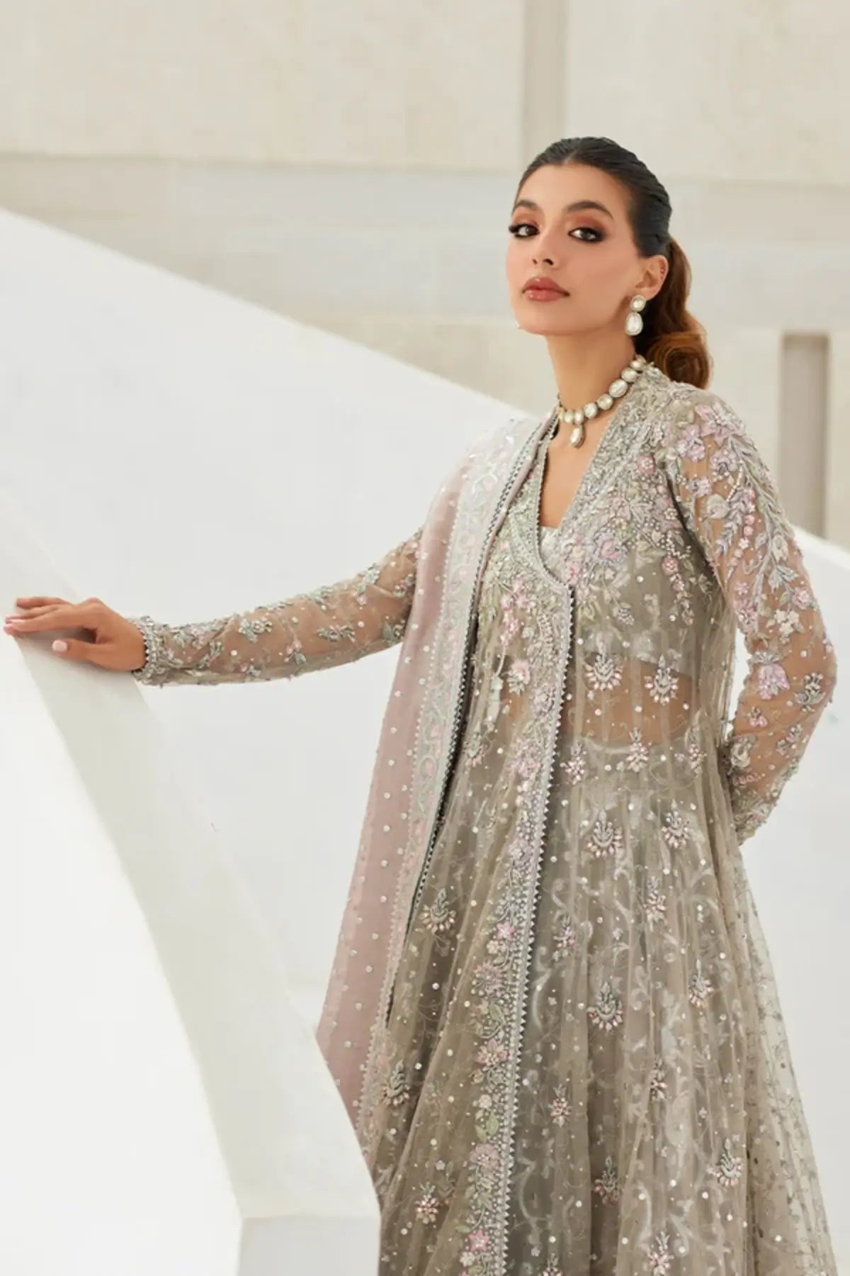 Zahra Silver Grey Handmade Net Pakistani Formal Pishwas with Pink Floral Hand Embellishments, Cotton Brocade Lehenga and Lame Tissue Dupatta