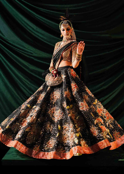 Zaib-Stunning Black pure Satin Silk Lehenga with Choli