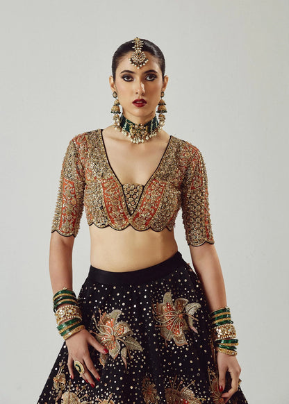 Zaib-Stunning Black pure Satin Silk Lehenga with Choli