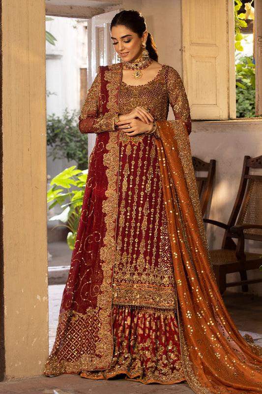 Zaib-Ul-Nisa -Luxury Maroon Bridal Dress with Jamawar Lehenga Detailing