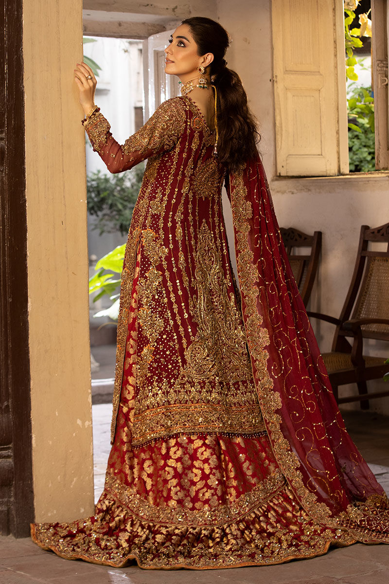 Zaib-Ul-Nisa -Luxury Maroon Bridal Dress with Jamawar Lehenga Detailing