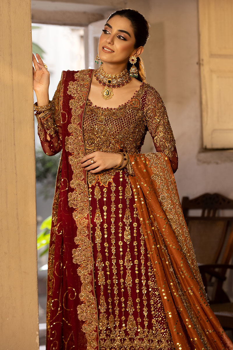 Zaib-Ul-Nisa -Luxury Maroon Bridal Dress with Jamawar Lehenga Detailing