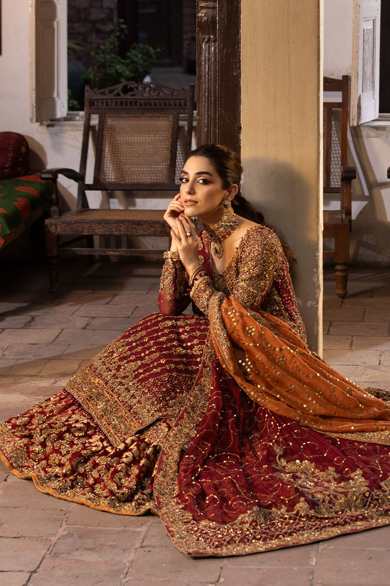 Zaib-Ul-Nisa -Luxury Maroon Bridal Dress with Jamawar Lehenga Detailing