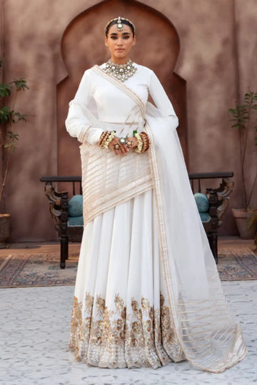Zaib white embroidered raw silk lehenga choli with organza dupatta
