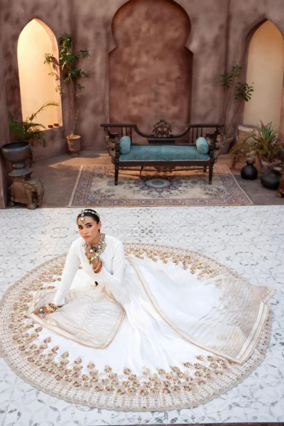 Zaib white embroidered raw silk lehenga choli with organza dupatta