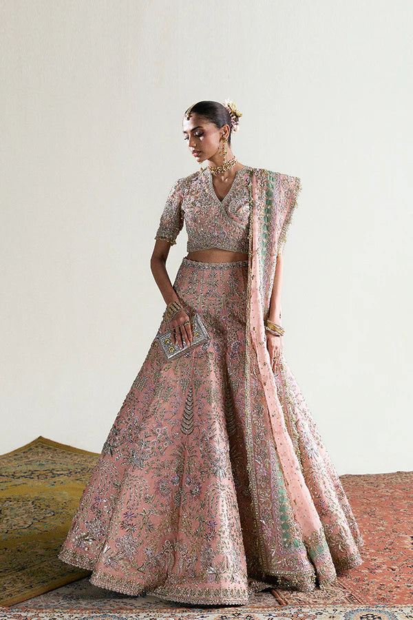 Zaleh by Suffuse coral organza bridal choli and lehenga for nikkah – Pakistanimoda