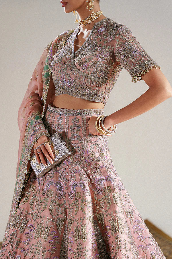 Zaleh by Suffuse coral organza bridal choli and lehenga for nikkah – Pakistanimoda