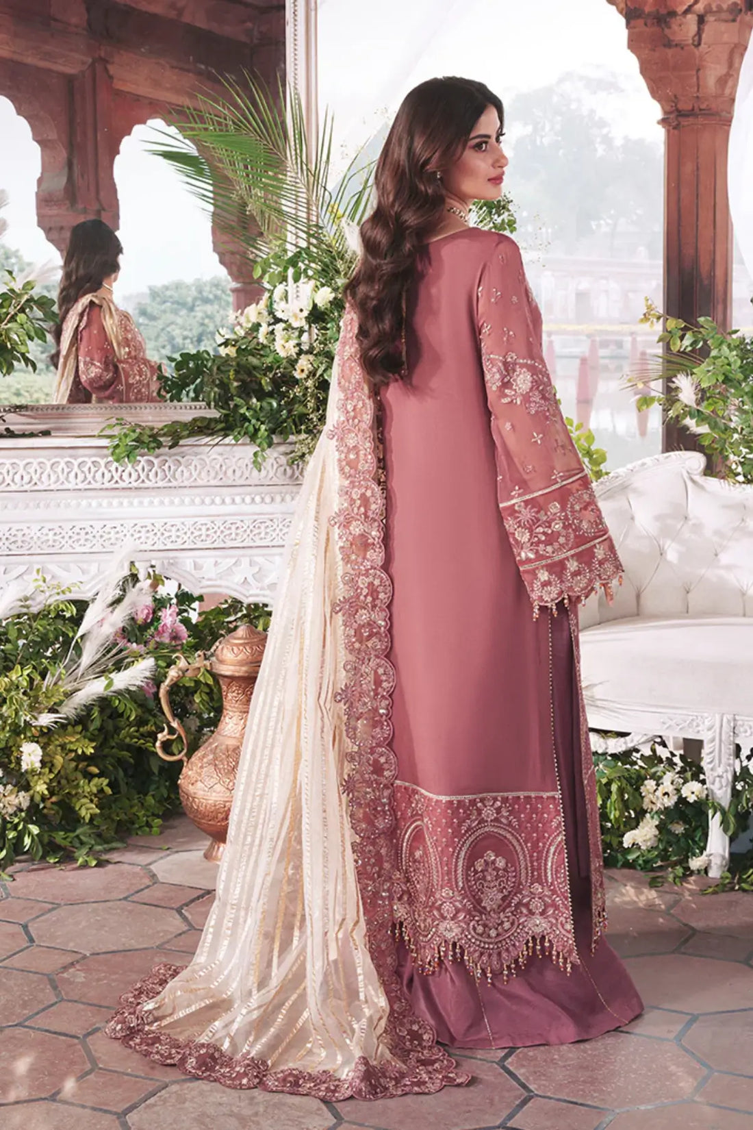 Zameen Imrozia Serene Sajal Vol 02 rose brown signature stitched formal ensemble lurex organza dupatta Pakistanimoda.com