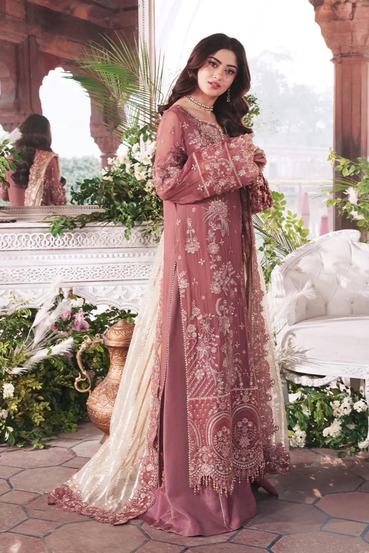 Zameen Imrozia Serene Sajal Vol 02 rose brown signature stitched formal ensemble lurex organza dupatta Pakistanimoda.com
